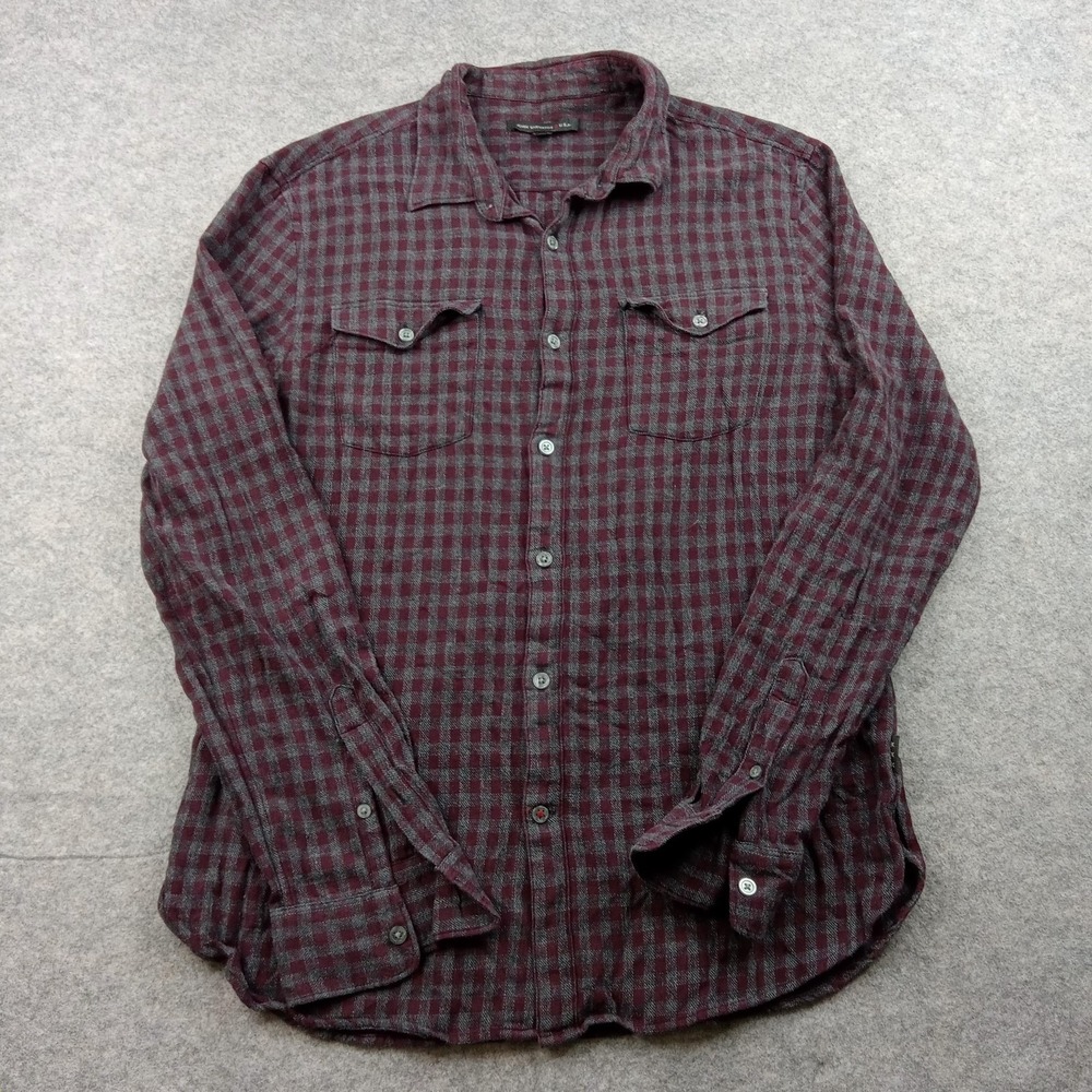 John Varvatos Shirt Mens Medium Burgundy‎ Gray Plaid Button Front Cotton Casual
